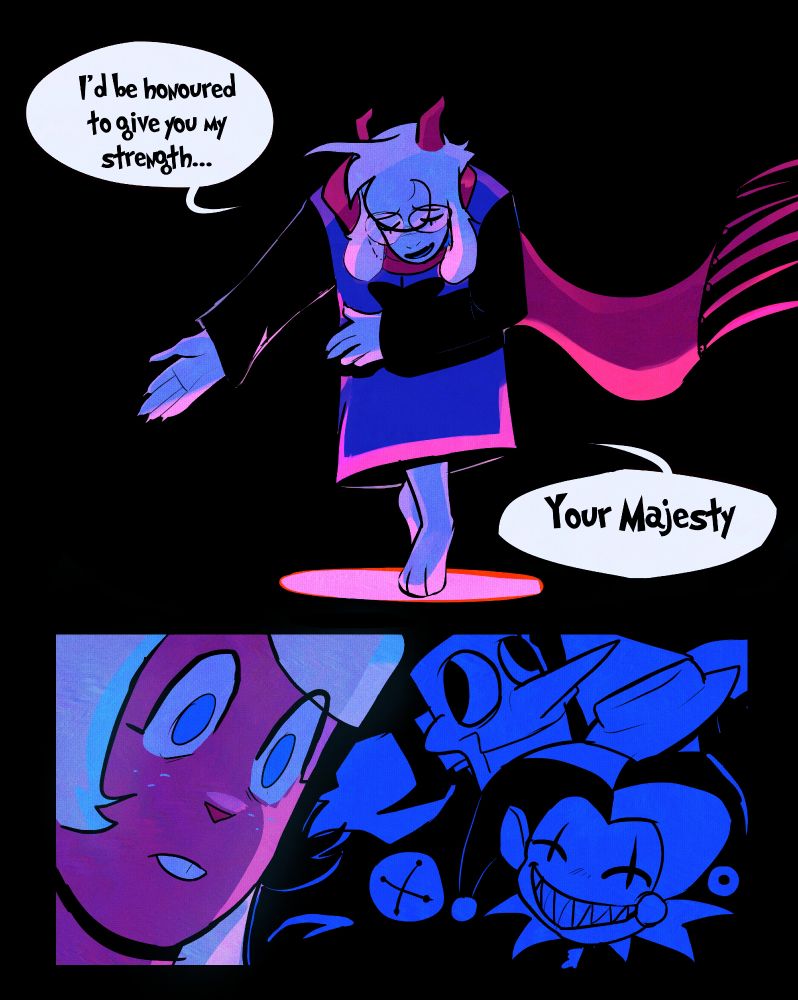 In the top panel, it shows Ralsei posing as if he's saluting a queen, and said "I'd be honoured to give you my strength..., Your majestry"
In the bottom panel, it shows Noelle looking at down, while the background shows all the possible boss that went mad.