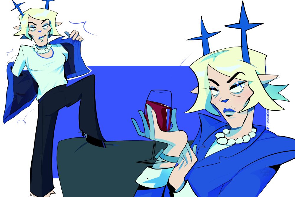 It shows the drawing based on the official design of Carol Holiday. 
On the left, it shows she's taking off her jacket, and on the right, it shows she's holding a cup of wine while looking at you