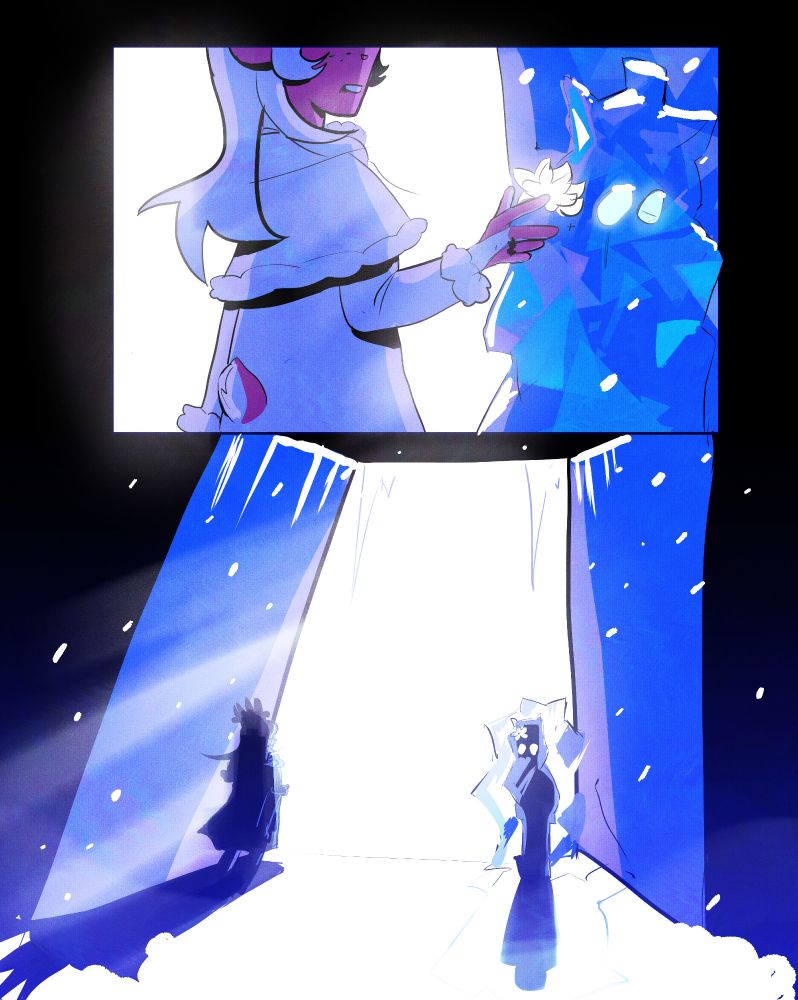 In the top panel, it shows Noelle putting a white flower in the ice.
In the bottom panel, it seems like it's snowing forever, and Noelle seems to go to the huge door.