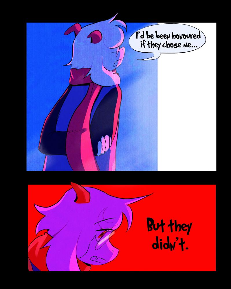 It's digital artwork made by The Witch of Art
It shows two characters from Deltarune, the RPG videogame made by The cool Toby fox.
Ralsei is an anthro based on goat with pink horns. He's wearing circular glasses, and a green dress, and pink scarf.
Noelle is an anthro based on deer, has blonde and long hair. She's wearing a white dress, and a white cape.
In the top panel, it shows Ralsei looking at light as if he's thinking about the end "I'd be been honoured if they chose me..."

In the bottom panel, it shows Ralsei looking at down, and continues "But they didn't it"