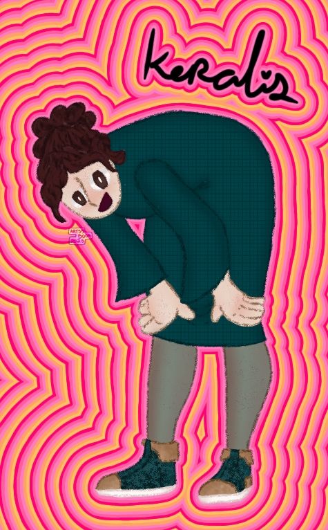 A digital drawing of Keralis standing while leaning over with his hands on his knees. He is wearing a bell sleeve teal dress, sheer black tights, and teal high top shoes. Above him, written in all lowercase handwriting is the word keralis. The background is a repeating sequence of pinks and yellows in a zentangle pattern around the handwriting and Keralis. 