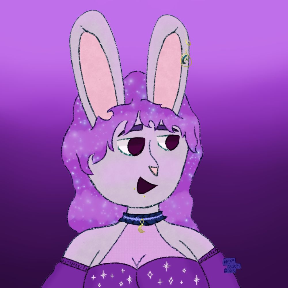 A digital drawing of Star, drawn chest up facing the viewer. She is wearing a purple halter top and a blue choker with a gold crescent moon charm. The background is a gradiant of dark to light purple.