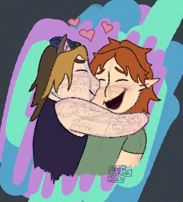 A digital doodle of Pearl hugging Gem and kissing her cheek. The background just has some purple, blue and green scribbled behind them. Above Gem and Pearl are three pink hearts.