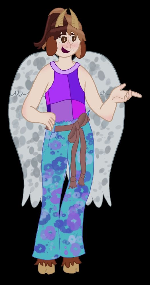 A digital drawing of Artsy standing with their left hand on her hip, and their right hand open with the palm up. He is wearing a purple colour blocked tank top, blue pants with purple flowers, and a wide woven belt tied in a bow.