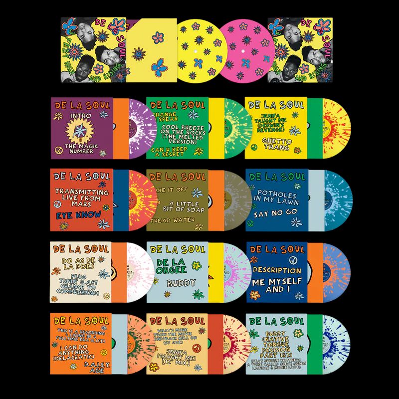 The '3 Feet High and Rising' 7" box contains twelve splatter records in custom sleeves and a 7-inch slipmat. This one's a relatively affordable $100 or so