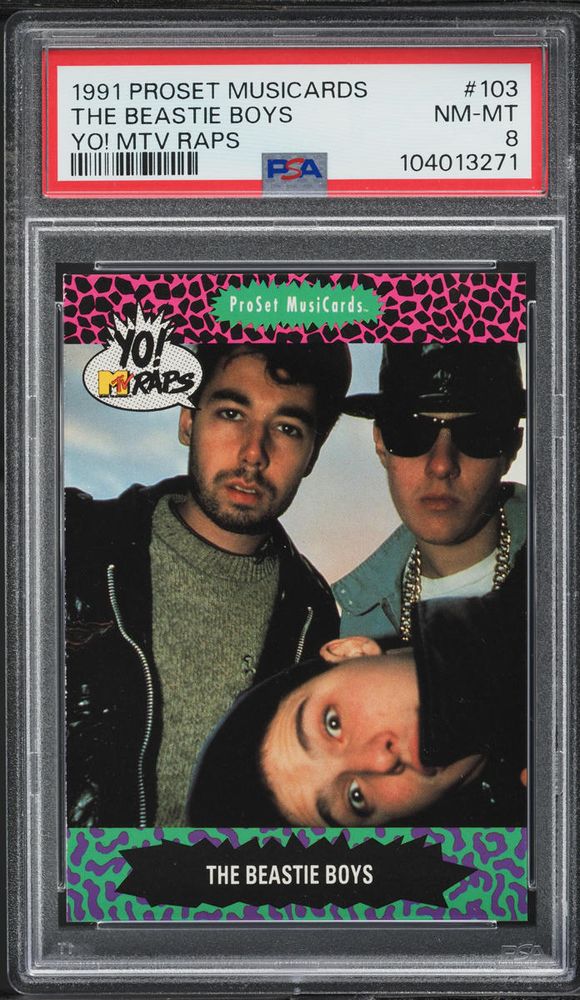 Photo of the Beastie Boys circa PAUL'S BOUTIQUE (my man MCA's got a beard like a billy goat) on a ProSet MusiCard