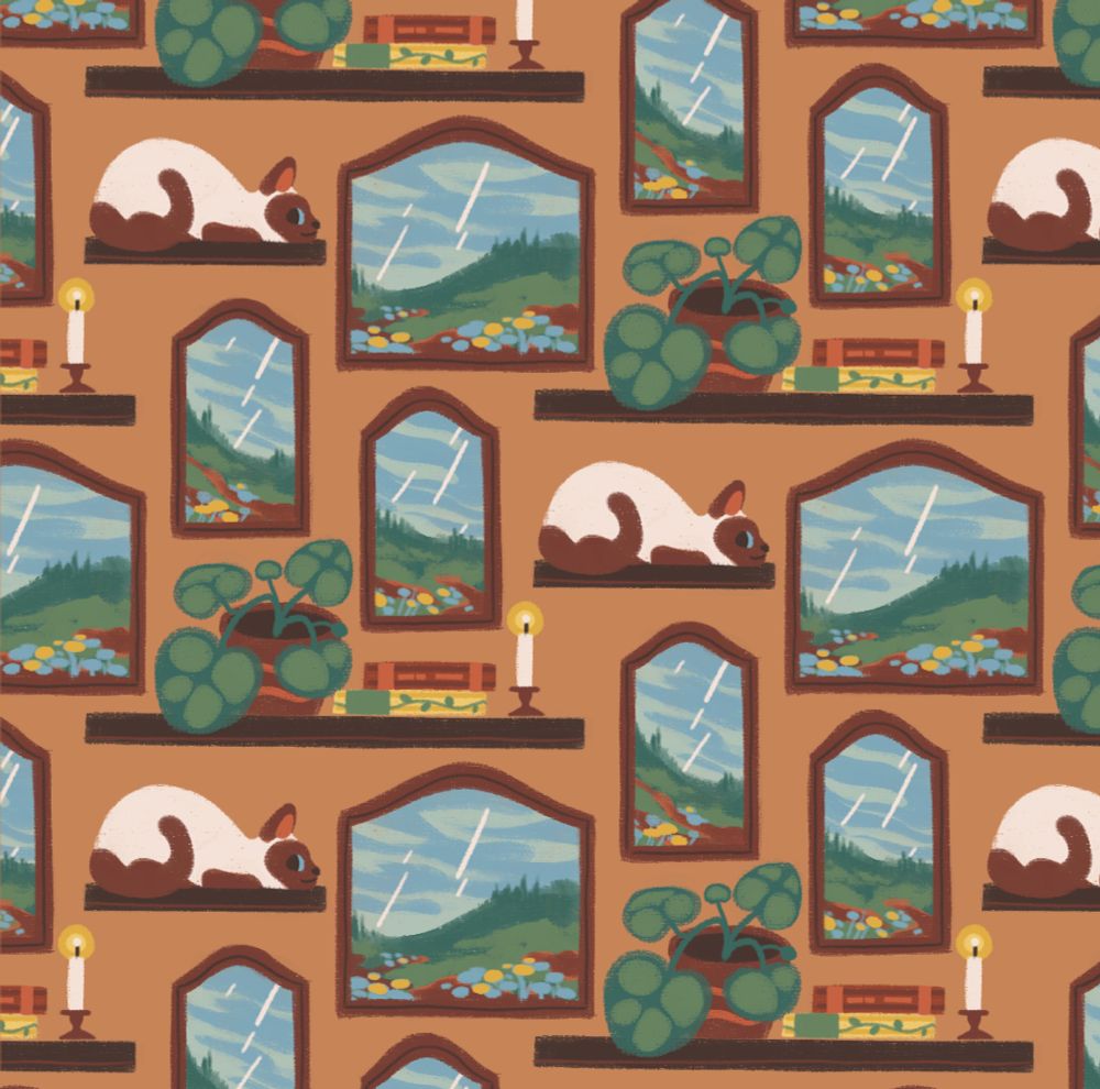 a repeat pattern of windows showing a rainy day, shelves and a little cat