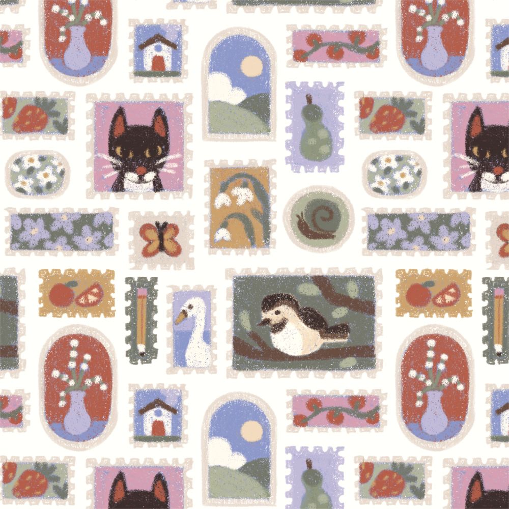 a repeat pattern of various illustrated stamps, all of little doodles (fruits, flowers, my cat, etc).