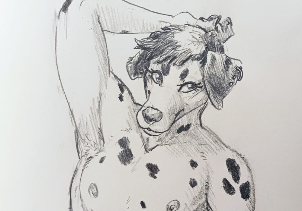 A pencil sketch of an anthropomorphic/furry dalmatian character, Chelsea, doing a gay lil pose