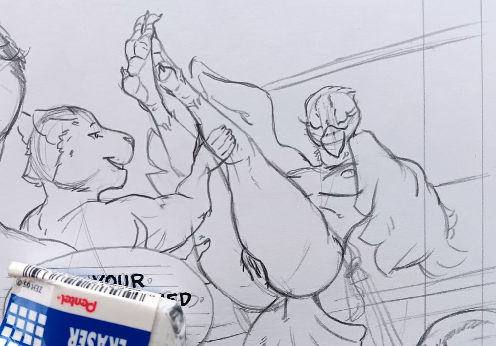 A pencil sketch for a comic page, in which Darazin is massaging a bird lady's legs as they're lifted in the air. Her vagina is visible between her legs and it's kinda hot lol.