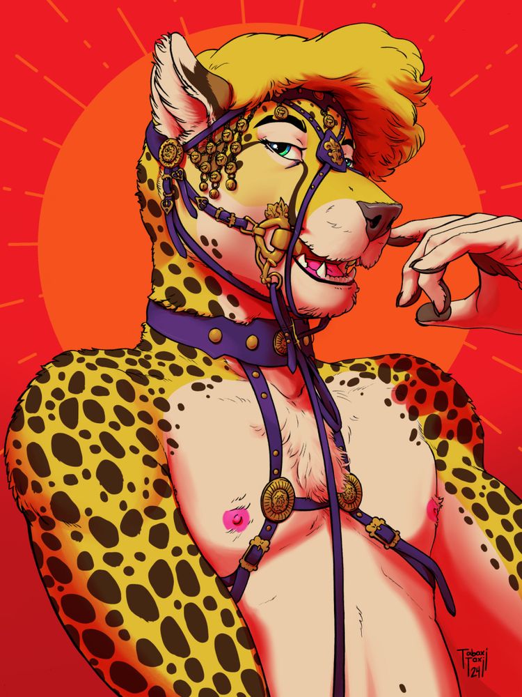 A portrait piece of my cheetah fursona with a vibrant red background. They're wearing a bridle and harness with purple leather and polished bronze features. It's opulent! :3c