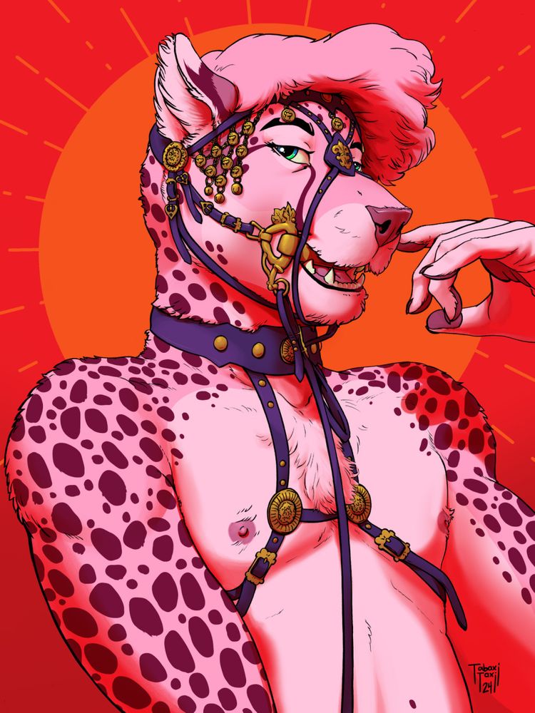 A portrait piece of my cheetah fursona, but with pink fur, with a vibrant red background. They're wearing a bridle and harness with purple leather and polished bronze features. It's opulent! :3c