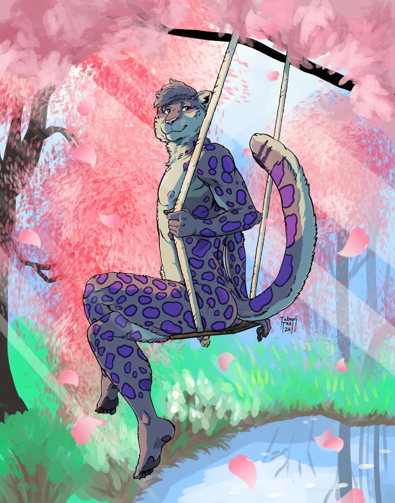 a cute lil snow leopard on a tree swing amongst cherry blossom trees, body turned away, but facing back towards the viewer
sunrays and atmospheric petals cross the composition :3