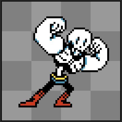 A sprite of Papyrus from Undertale flexing his large arm muscles while leaning to the side.
