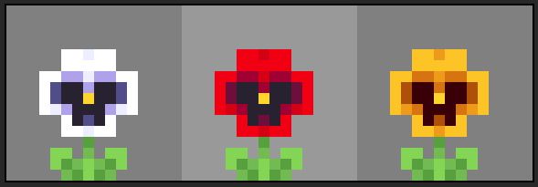 Minecraft-styled pansies with colors consisting of white, red, and yellow (in order from left to right).