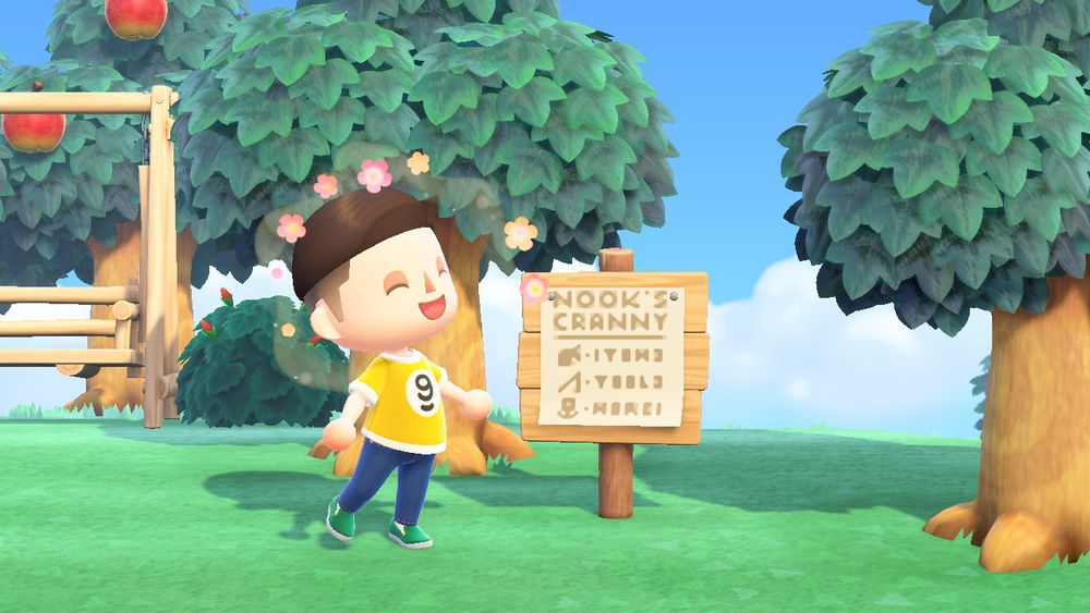 An ad for Nook's Cranny that is meant to say: "Nook's Cranny- Items, Tools, More!", with corresponding Leaf, Fishing Rod, and Flower icons.