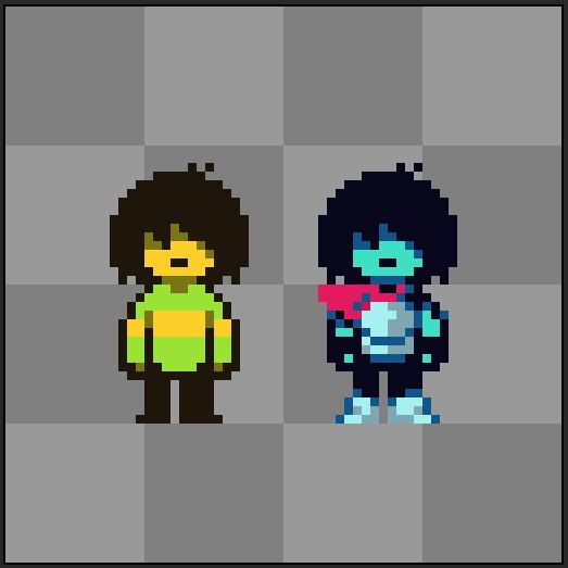 A personal take on Kirs's sprite(s) from Deltarune. Normal/light world version on the left, and dark world on the right.