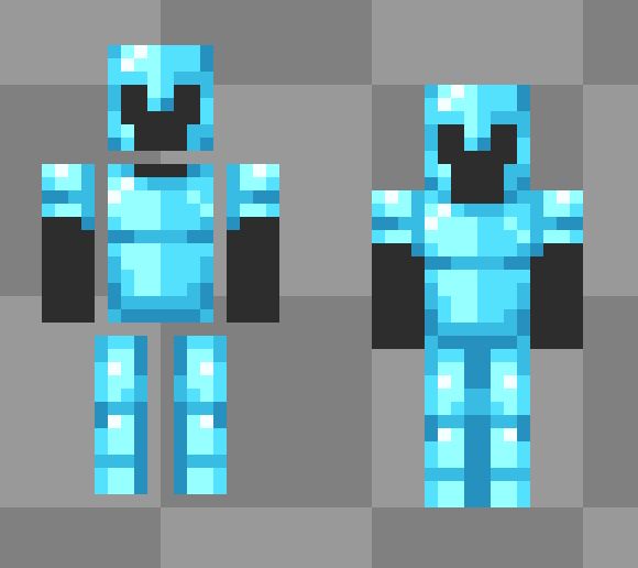 Two instances of my take on Minecraft's diamond armor set. On the left is each segment (helmet, chestplate/arms, and legs/boots) split apart, and the right is how the set would look when worn.