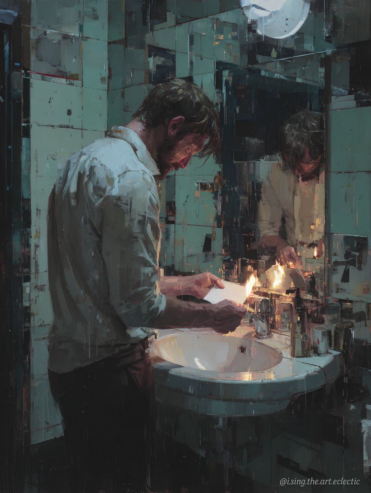 A man in a dim, mirror-lined bathroom stands over a sink, lighting a handwritten letter on fire. The flame casts warm light on his tired face and the porcelain sink below. The mood is intimate, heavy with regret or resolve. Reflections fragment him across mirrored tiles, while the rest of the room fades into painterly shadow.