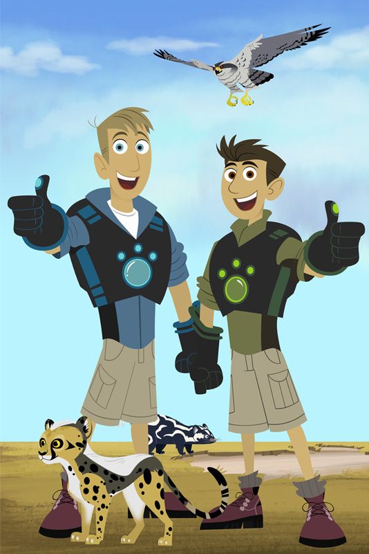Picture of the Kratt Brothers from Wild Kratts, with a few animals around them as they deliver an enthusiastic thumbs up.