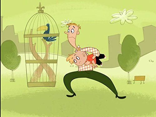 Gerald McBoing Boing's father has his son hoisted under his arm, as they stand next to a bird cage in the park.