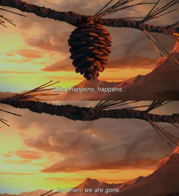 Against a sunset backdrop, a pine cone is there, then not, as it falls down from its branch. The text reads “Whatever happens, happens. And then, we are gone.”