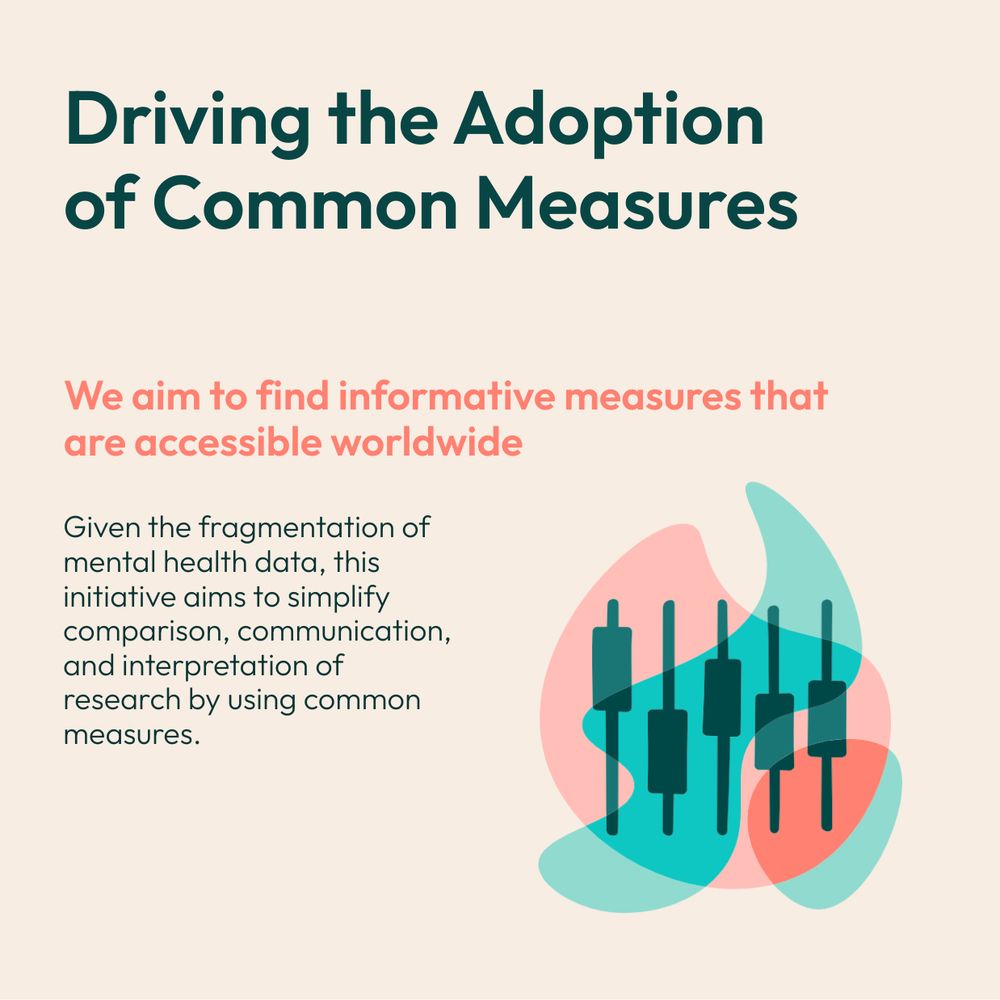 Headline says: Driving the Adoption of Common Measures.
Orange text reads: We aim to find informative measures that are accessible worldwide.
Below that reads: Given the fragmentation of mental health data, this initiative aims to simplify comparison, communication, and interpretation of research by using common measures.
Next to this text is an orange and green graphic of a mixing board, with different levers put to different position. 
