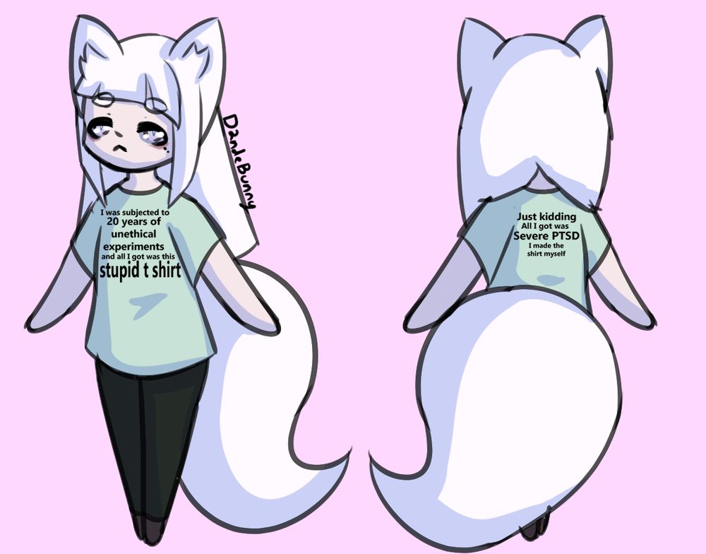 Two chibi style drawings of my OC Shiro, one is a front view while the other is a back view. He has a tired, but otherwise neutral expression. He is wearing a t-shirt which, on the front, says “I was subjected to 20 years of unethical experiments and all I got was this stupid t-shirt.” On the back it says “Just kidding all I got was severe PTSD, I made the shirt myself”. Shiro is a thin and pale man with white fox ears and a white fox tail that is more than half the size of his body. He has long, straight white hair. His eyes are pale purple with a gray sclera and slit pupils. 