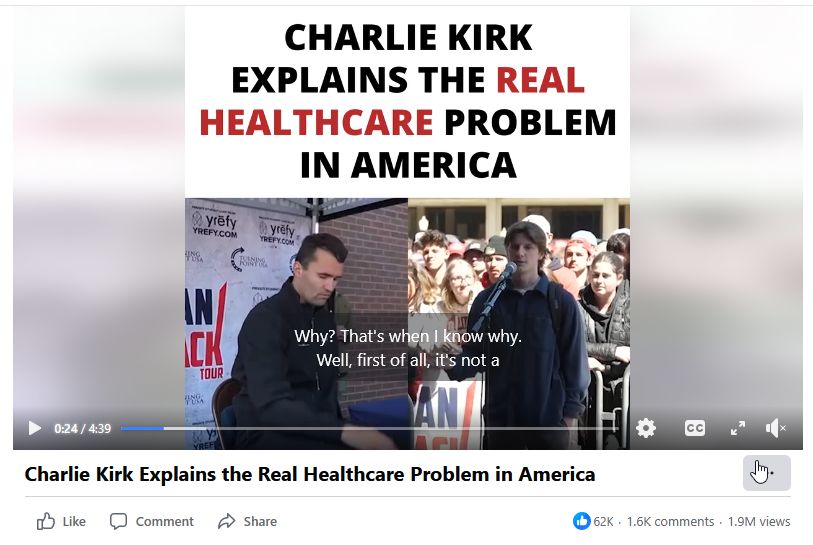 Screenshot of the video "Charlie Kirk Explains the Real Healthcare Problem in America" with the captions on, from 0:24 in where the other debater continues, asking "Why?" The captions state he continues saying "that's when I know why" but I listened, and it's clear to a human ear he's slurring his words to ask "I just wanna know why." Kirk then responds with "Well, first of all, it's not a..." and the message cuts off