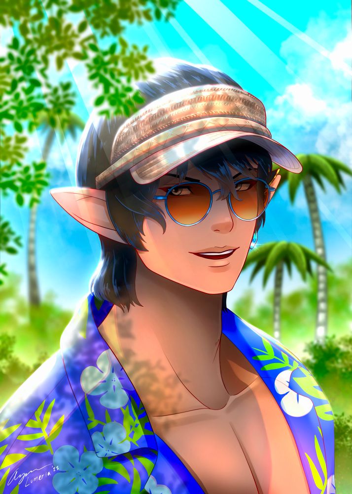 Portrait of a very hot elf man with sun glasses and a visor. His shirt is open, showing his pecs.