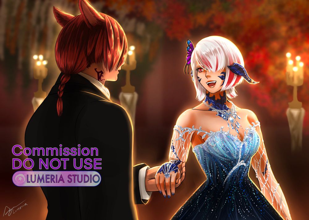 G’raha holding the hand of his lover as they’re about to dance.