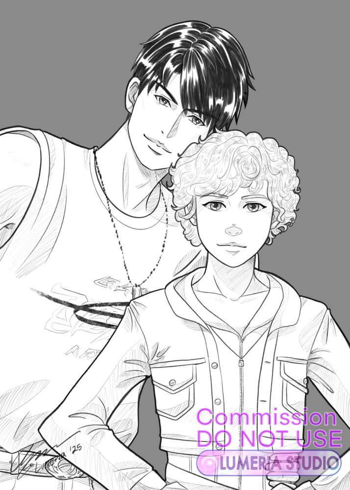 Caleb leaning down and holding MC’s waist as they pose with their hands on their hips. They’re both smiling. 