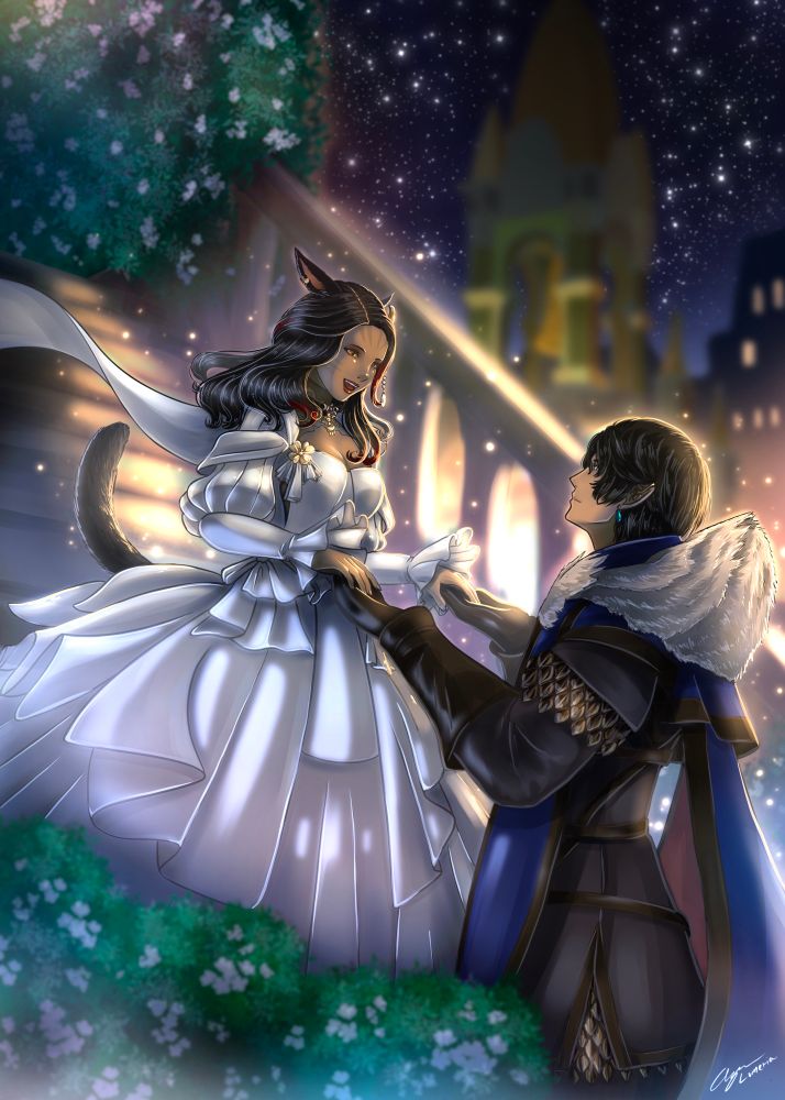 Cat girl wife wearing a ball gown as her elf husband holds her hands 
