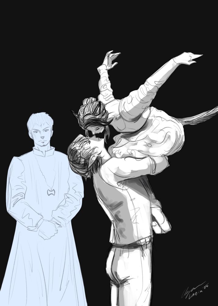 Aymeric holding Lumeria up, their faces close, as they’re about to kiss. 

Ardbert, in ghost form, is standing to the side staring directly at the viewer with a resigned look on his face.