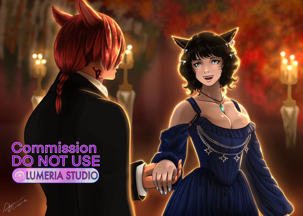 Cat man holding his cat girl lover’s hand as he invites her to dance with him. 