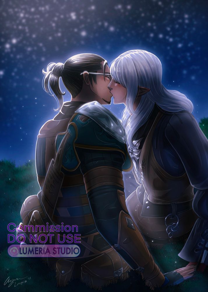Two men kissing while sitting on the grass and touching hands.