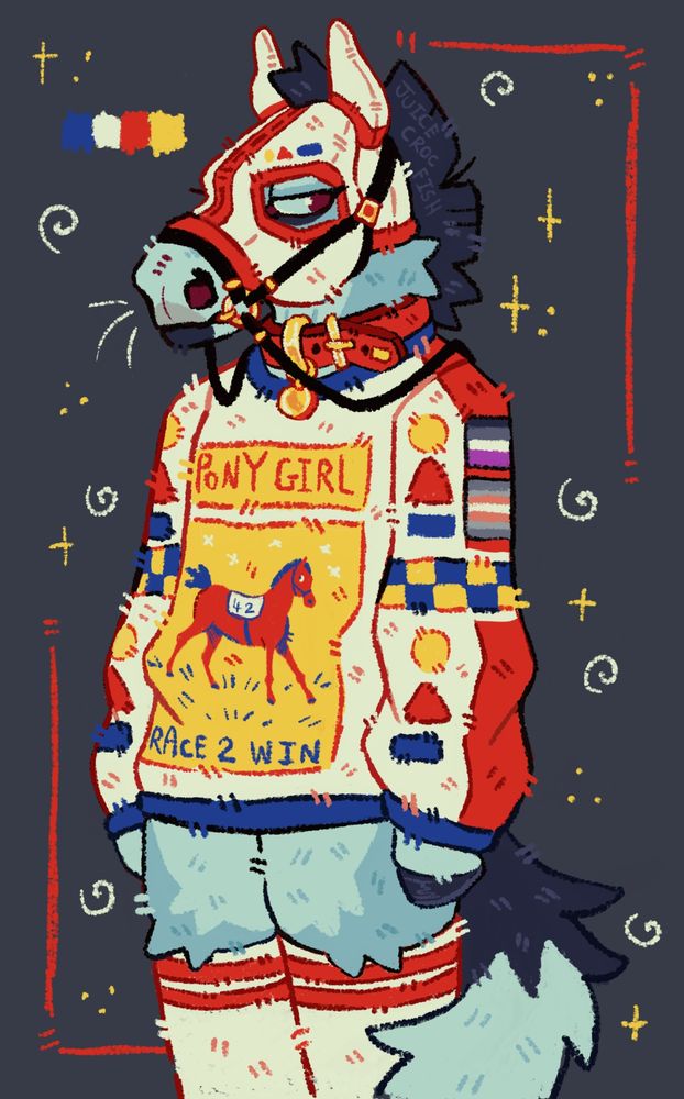 Digital art of a anthro horse girl wearing a shirt that says "ponygirl" and "race2win" she is also wearing long white socks as well as a halter and a blinker hood the drawing is surrounded by swirls and stars