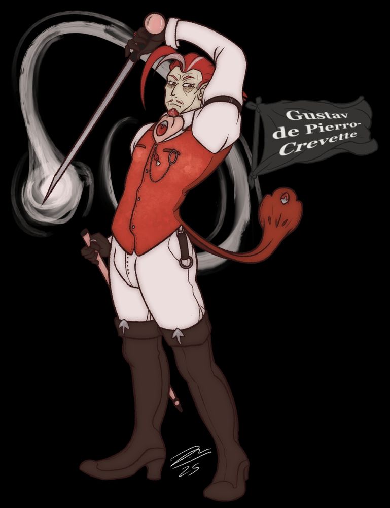 A splash illustration of the OC Gustav de Pierro-Crevette, who is an older white man with greying red hair in a ponytail, dark eyes and a serious face. He's wearing a red vest, kneehigh boots and riding pants. He's staring dramatically at the viewer, pulling his sword out that doubles as a walking cane.