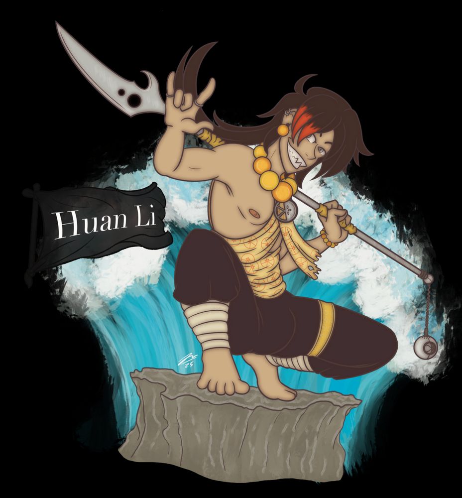 Splash Art work for Huan Li, an OC for a fake erotic gatcha game with a pirate and sea creature theme. Huan is a polearm and martial arts fighter with a lemon shark theme, mainly dressed in brown pants with yellow, lemon patterned cloth wrapped around his naked chest and large bead jewelry. He has uneven brown hair with orange highlights, pale skin, grey eyes and sharp teeth. He's croutching on a rock, grining wide as the viewer as waves break behind him.