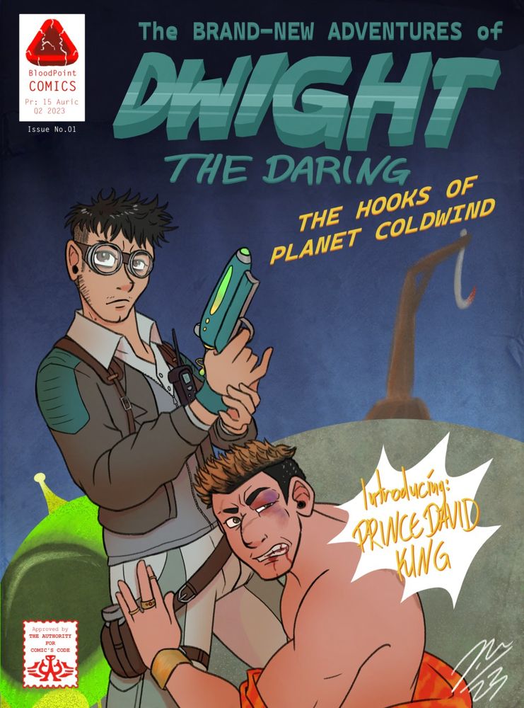 A fanart for Dead by Daylight, featuring its characters Dwight and David, parodying a Raygun Space Age era comic cover.