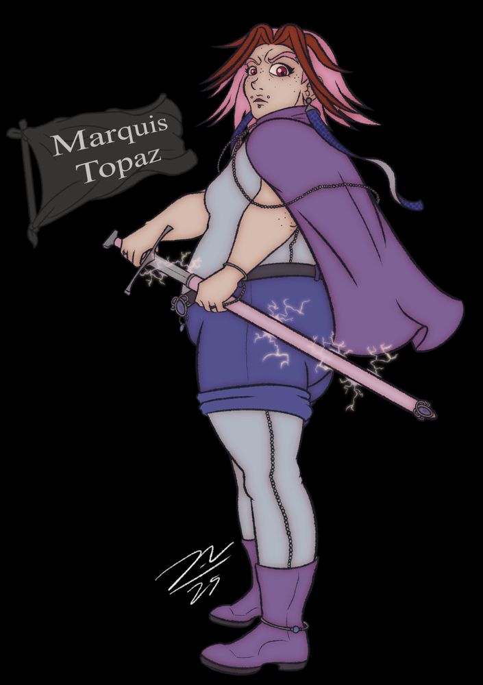 Splash Art work for Marquis Topaz, an OC for a fake erotic gatcha game with a pirate and sea creature theme. The Marquis is a stcky, chubby man with pale skin and freckles, pink shoulderlong hair with red bangs and with angle bites and chin piercings. He wears a pale blue body suit, purple short and boots over that and a short purple cape. He wears long earrings made of fabric strands and silvery jewelry. He looks at the viewer with a challenging gaze, drawing a thin sword out of its sheath, as pink sparks of electiccity jump off of it.