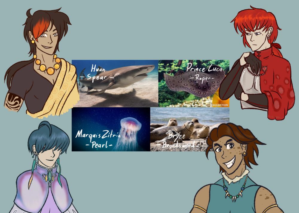 A page of character design doodles, based off of sea creatures, namely a lemon shark, a stingray, a jellyfish and a seal. The characters are all masculine folk, using he/him pronouns.