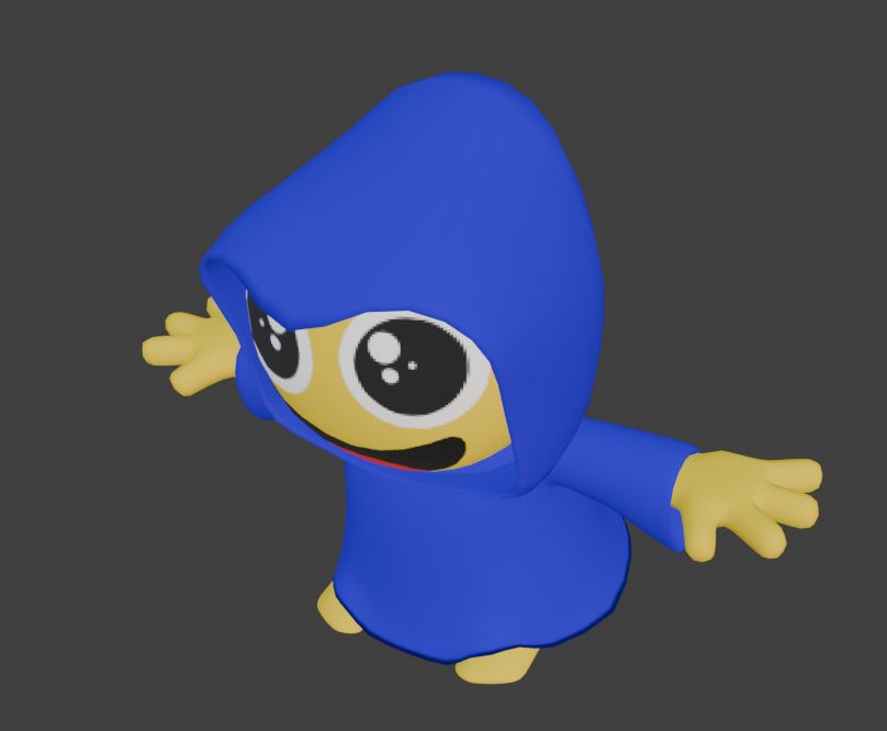 My small yellow goblin wearing a blue hooded wizard's robe modeled in 3D. I have added hands and fingers to this new version.