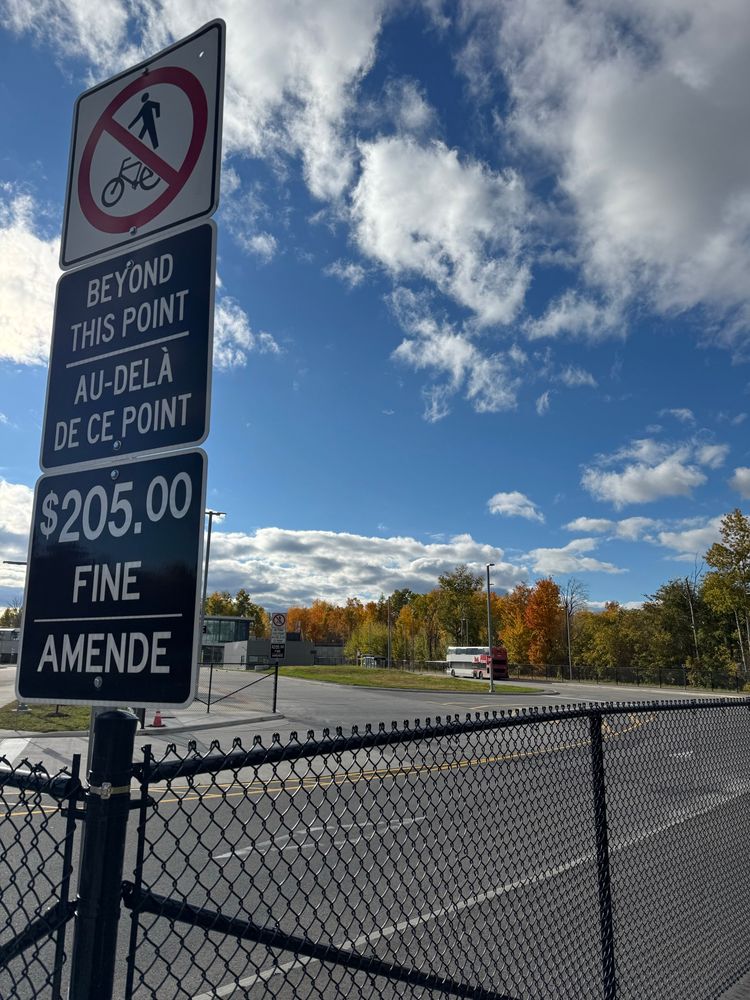 A sign at a bus/train station says no walking or biking.