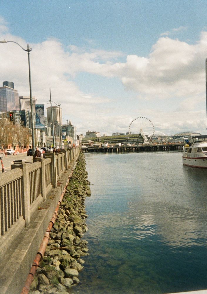 a photo of rocks lining seattles pier, with a ferris wheel in the background 