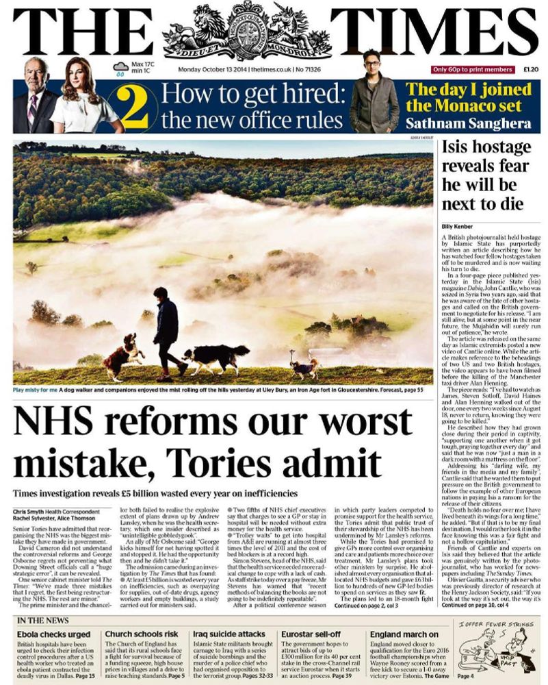 “NHS reforms our worst mistake, Tories admit” front page of the Times from 13 Oct 2014