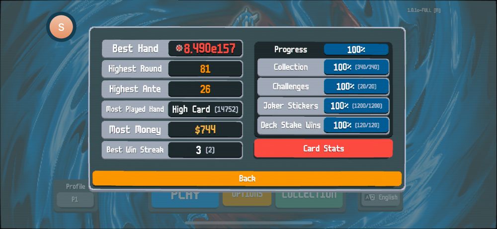 Screenshot of Balatro stats screen. High score 8.490e157