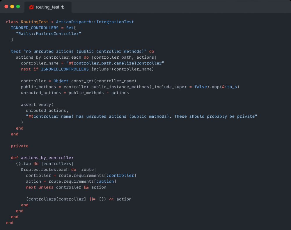 A test that asserts no controller has any public methods that do not have a corresponding route defined.