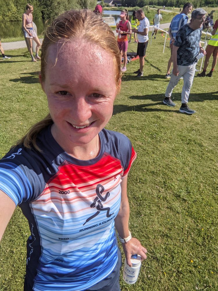 A selfie at parkrun wearing a climate striped tshirt