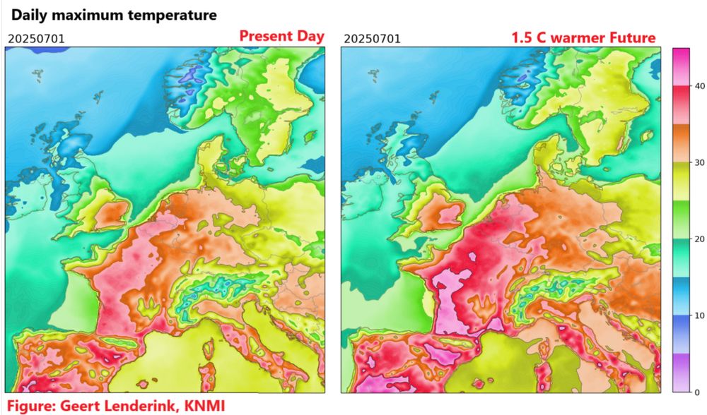 Map of European daily maximum temperatures for (1st July 2025) tomorrow's weather in (left) a present day climate and (right) a 1.5K warmer climate. 